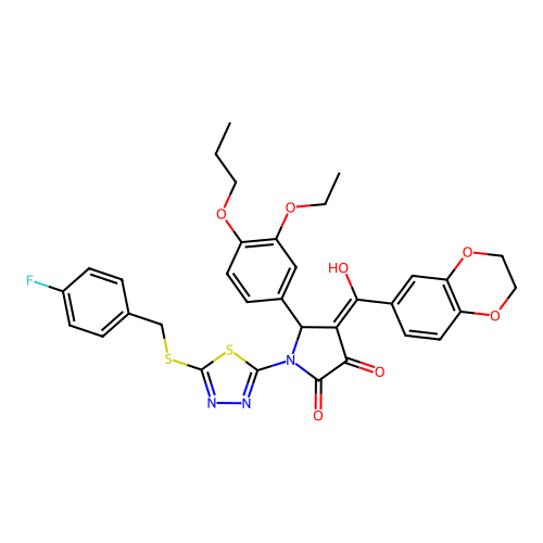 (4E)-4-[2,3-dihydro-1,4-benzodioxin-6-yl(hydroxy)methylidene]-5-(3-ethoxy-4-propoxyphenyl)-1-[5-[(4-fluorophenyl)methylsulfanyl]-1,3,4-thiadiazol-2-yl]pyrrolidine-2,3-dione structure