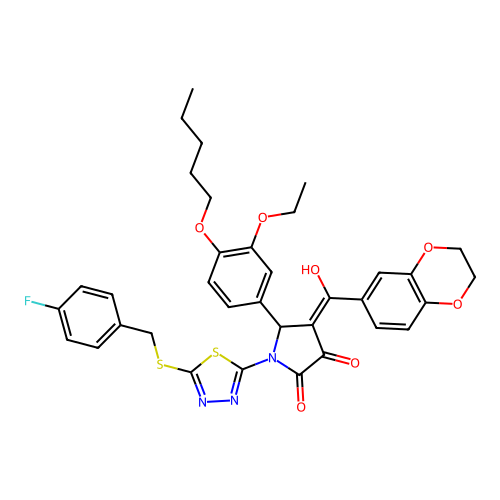 (4E)-4-[2,3-dihydro-1,4-benzodioxin-6-yl(hydroxy)methylidene]-5-(3-ethoxy-4-pentoxyphenyl)-1-[5-[(4-fluorophenyl)methylsulfanyl]-1,3,4-thiadiazol-2-yl]pyrrolidine-2,3-dione structure