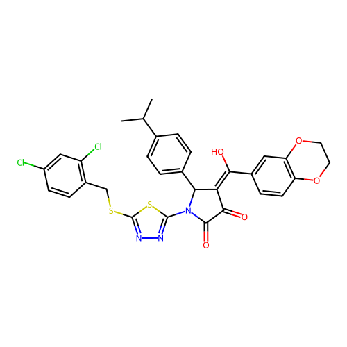 1-(5-((2,4-dichlorobenzyl)thio)-1,3,4-thiadiazol-2-yl)-4-(2,3-dihydrobenzo[b][1,4]dioxine-6-carbonyl)-3-hydroxy-5-(4-isopropylphenyl)-1H-pyrrol-2(5H)-one structure