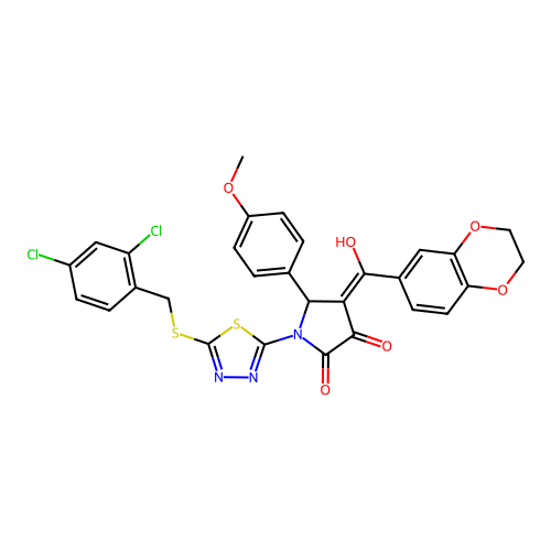 (4E)-1-[5-[(2,4-dichlorophenyl)methylsulfanyl]-1,3,4-thiadiazol-2-yl]-4-[2,3-dihydro-1,4-benzodioxin-6-yl(hydroxy)methylidene]-5-(4-methoxyphenyl)pyrrolidine-2,3-dione structure
