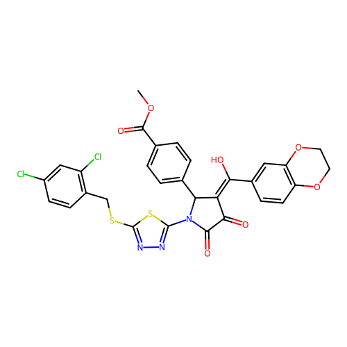 methyl 4-(1-(5-((2,4-dichlorobenzyl)thio)-1,3,4-thiadiazol-2-yl)-3-(2,3-dihydrobenzo[b][1,4]dioxine-6-carbonyl)-4-hydroxy-5-oxo-2,5-dihydro-1H-pyrrol-2-yl)benzoate structure