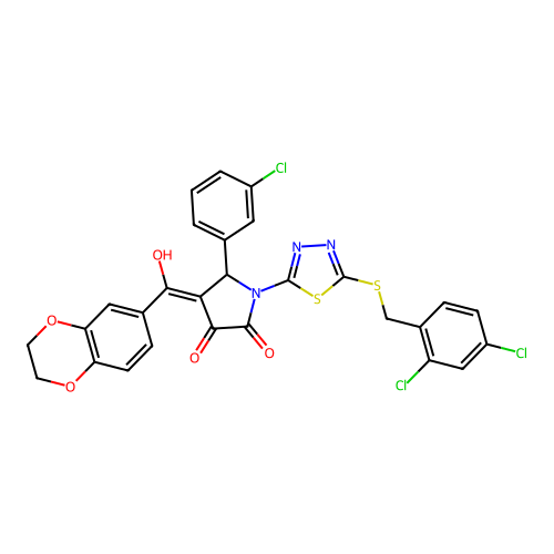 5-(3-chlorophenyl)-1-(5-((2,4-dichlorobenzyl)thio)-1,3,4-thiadiazol-2-yl)-4-(2,3-dihydrobenzo[b][1,4]dioxine-6-carbonyl)-3-hydroxy-1H-pyrrol-2(5H)-one structure