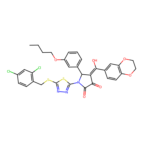 5-(3-butoxyphenyl)-1-(5-((2,4-dichlorobenzyl)thio)-1,3,4-thiadiazol-2-yl)-4-(2,3-dihydrobenzo[b][1,4]dioxine-6-carbonyl)-3-hydroxy-1H-pyrrol-2(5H)-one structure