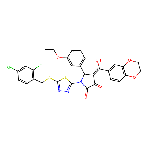 (4E)-1-[5-[(2,4-dichlorophenyl)methylsulfanyl]-1,3,4-thiadiazol-2-yl]-4-[2,3-dihydro-1,4-benzodioxin-6-yl(hydroxy)methylidene]-5-(3-ethoxyphenyl)pyrrolidine-2,3-dione structure