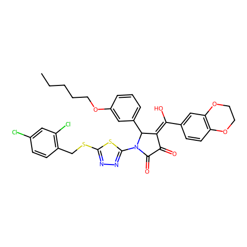 (4E)-1-[5-[(2,4-dichlorophenyl)methylsulfanyl]-1,3,4-thiadiazol-2-yl]-4-[2,3-dihydro-1,4-benzodioxin-6-yl(hydroxy)methylidene]-5-(3-pentoxyphenyl)pyrrolidine-2,3-dione structure