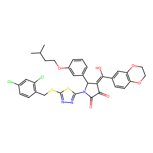 1-(5-((2,4-dichlorobenzyl)thio)-1,3,4-thiadiazol-2-yl)-4-(2,3-dihydrobenzo[b][1,4]dioxine-6-carbonyl)-3-hydroxy-5-(3-(isopentyloxy)phenyl)-1H-pyrrol-2(5H)-one structure