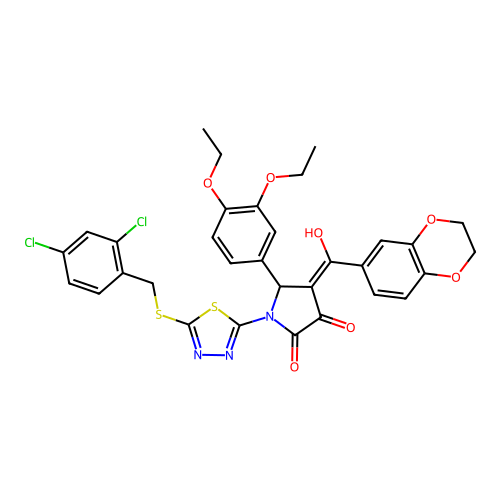 (4E)-1-[5-[(2,4-dichlorophenyl)methylsulfanyl]-1,3,4-thiadiazol-2-yl]-5-(3,4-diethoxyphenyl)-4-[2,3-dihydro-1,4-benzodioxin-6-yl(hydroxy)methylidene]pyrrolidine-2,3-dione structure