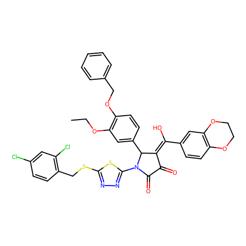 5-(4-(benzyloxy)-3-ethoxyphenyl)-1-(5-((2,4-dichlorobenzyl)thio)-1,3,4-thiadiazol-2-yl)-4-(2,3-dihydrobenzo[b][1,4]dioxine-6-carbonyl)-3-hydroxy-1H-pyrrol-2(5H)-one structure