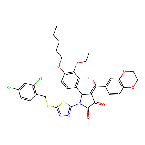 (4E)-1-[5-[(2,4-dichlorophenyl)methylsulfanyl]-1,3,4-thiadiazol-2-yl]-4-[2,3-dihydro-1,4-benzodioxin-6-yl(hydroxy)methylidene]-5-(3-ethoxy-4-pentoxyphenyl)pyrrolidine-2,3-dione structure