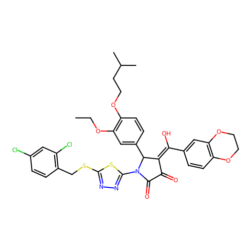 (4E)-1-[5-[(2,4-dichlorophenyl)methylsulfanyl]-1,3,4-thiadiazol-2-yl]-4-[2,3-dihydro-1,4-benzodioxin-6-yl(hydroxy)methylidene]-5-[3-ethoxy-4-(3-methylbutoxy)phenyl]pyrrolidine-2,3-dione structure