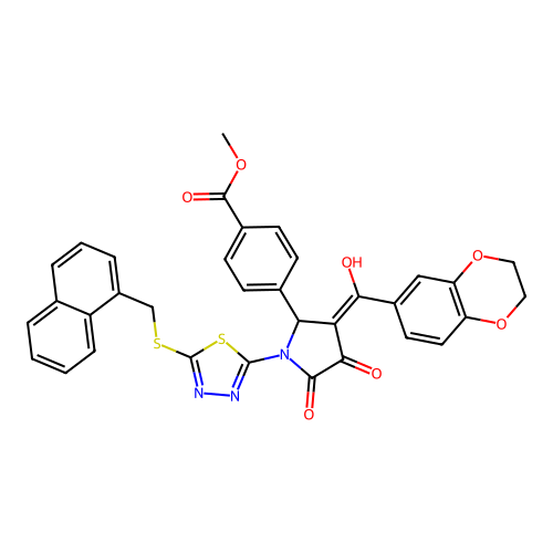 methyl 4-(3-(2,3-dihydrobenzo[b][1,4]dioxine-6-carbonyl)-4-hydroxy-1-(5-((naphthalen-1-ylmethyl)thio)-1,3,4-thiadiazol-2-yl)-5-oxo-2,5-dihydro-1H-pyrrol-2-yl)benzoate structure