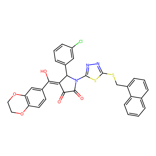 (4E)-5-(3-chlorophenyl)-4-[2,3-dihydro-1,4-benzodioxin-6-yl(hydroxy)methylidene]-1-[5-(naphthalen-1-ylmethylsulfanyl)-1,3,4-thiadiazol-2-yl]pyrrolidine-2,3-dione structure