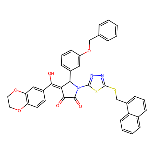 5-(3-(benzyloxy)phenyl)-4-(2,3-dihydrobenzo[b][1,4]dioxine-6-carbonyl)-3-hydroxy-1-(5-((naphthalen-1-ylmethyl)thio)-1,3,4-thiadiazol-2-yl)-1H-pyrrol-2(5H)-one structure