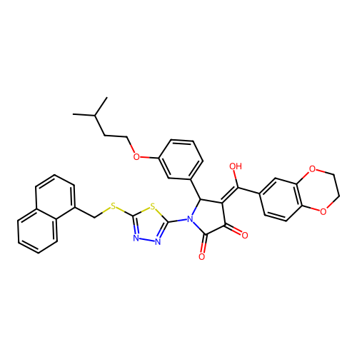 4-(2,3-dihydrobenzo[b][1,4]dioxine-6-carbonyl)-3-hydroxy-5-(3-(isopentyloxy)phenyl)-1-(5-((naphthalen-1-ylmethyl)thio)-1,3,4-thiadiazol-2-yl)-1H-pyrrol-2(5H)-one structure