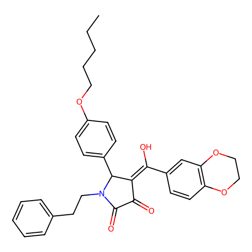 (4E)-4-[2,3-dihydro-1,4-benzodioxin-6-yl(hydroxy)methylidene]-5-(4-pentoxyphenyl)-1-phenethylpyrrolidine-2,3-dione structure