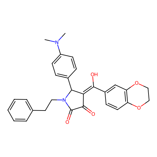 (4E)-4-[2,3-dihydro-1,4-benzodioxin-6-yl(hydroxy)methylidene]-5-(4-dimethylaminophenyl)-1-phenethylpyrrolidine-2,3-dione structure