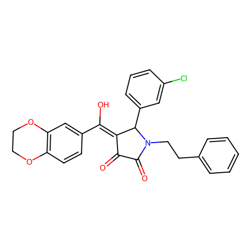 (4E)-5-(3-chlorophenyl)-4-[2,3-dihydro-1,4-benzodioxin-6-yl(hydroxy)methylidene]-1-(2-phenylethyl)pyrrolidine-2,3-dione structure