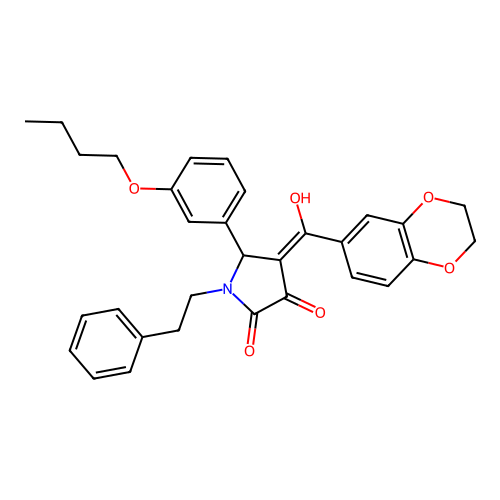 (4E)-5-(3-butoxyphenyl)-4-[2,3-dihydro-1,4-benzodioxin-6-yl(hydroxy)methylidene]-1-(2-phenylethyl)pyrrolidine-2,3-dione structure