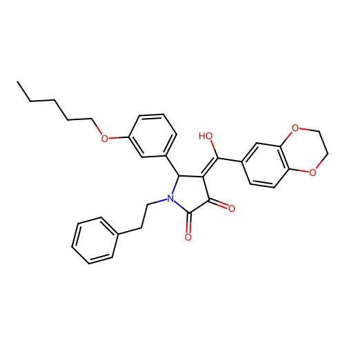 (4E)-4-[2,3-dihydro-1,4-benzodioxin-6-yl(hydroxy)methylidene]-5-(3-pentoxyphenyl)-1-phenethylpyrrolidine-2,3-dione structure