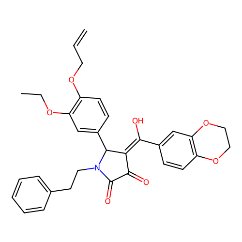 (4E)-4-[2,3-dihydro-1,4-benzodioxin-6-yl(hydroxy)methylidene]-5-(3-ethoxy-4-prop-2-enoxyphenyl)-1-phenethylpyrrolidine-2,3-dione structure