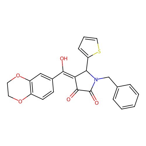 (4E)-1-benzyl-4-[2,3-dihydro-1,4-benzodioxin-6-yl(hydroxy)methylidene]-5-(thiophen-2-yl)pyrrolidine-2,3-dione structure