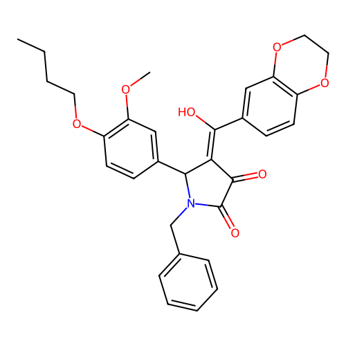 (4E)-1-benzyl-5-(4-butoxy-3-methoxyphenyl)-4-[2,3-dihydro-1,4-benzodioxin-6-yl(hydroxy)methylidene]pyrrolidine-2,3-dione structure