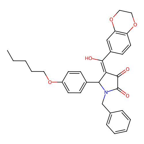 (4E)-1-benzyl-4-[2,3-dihydro-1,4-benzodioxin-6-yl(hydroxy)methylidene]-5-(4-pentoxyphenyl)pyrrolidine-2,3-dione structure