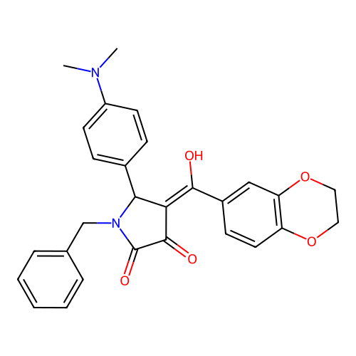 (4E)-1-benzyl-4-[2,3-dihydro-1,4-benzodioxin-6-yl(hydroxy)methylidene]-5-(4-dimethylaminophenyl)pyrrolidine-2,3-dione structure