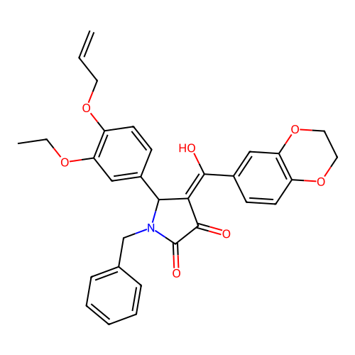 (4E)-1-benzyl-4-[2,3-dihydro-1,4-benzodioxin-6-yl(hydroxy)methylidene]-5-(3-ethoxy-4-prop-2-enoxyphenyl)pyrrolidine-2,3-dione structure