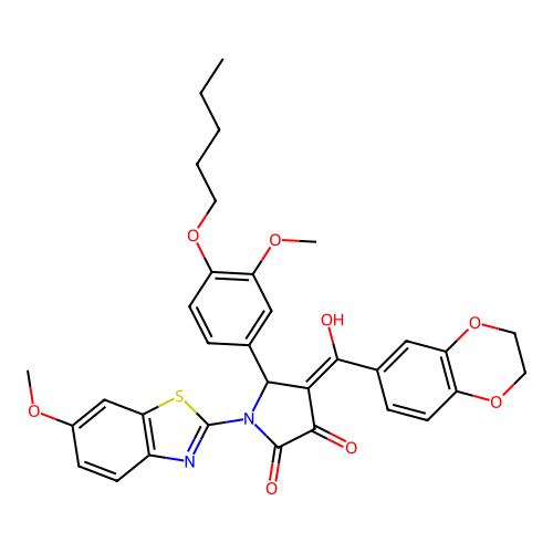 4-(2,3-dihydrobenzo[b][1,4]dioxine-6-carbonyl)-3-hydroxy-5-(3-methoxy-4-(pentyloxy)phenyl)-1-(6-methoxybenzo[d]thiazol-2-yl)-1H-pyrrol-2(5H)-one structure