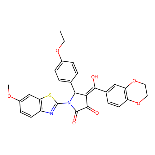 (4E)-4-[2,3-dihydro-1,4-benzodioxin-6-yl(hydroxy)methylidene]-5-(4-ethoxyphenyl)-1-(6-methoxy-1,3-benzothiazol-2-yl)pyrrolidine-2,3-dione structure