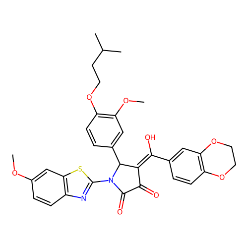 (4E)-4-[2,3-dihydro-1,4-benzodioxin-6-yl(hydroxy)methylidene]-1-(6-methoxy-1,3-benzothiazol-2-yl)-5-[3-methoxy-4-(3-methylbutoxy)phenyl]pyrrolidine-2,3-dione structure
