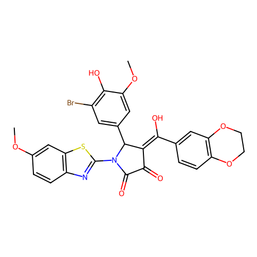 (4E)-5-(3-bromo-4-hydroxy-5-methoxyphenyl)-4-[2,3-dihydro-1,4-benzodioxin-6-yl(hydroxy)methylidene]-1-(6-methoxy-1,3-benzothiazol-2-yl)pyrrolidine-2,3-dione structure