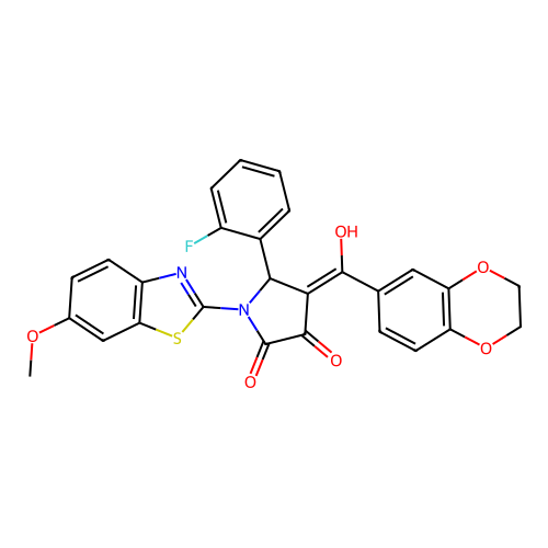 (4E)-4-[2,3-dihydro-1,4-benzodioxin-6-yl(hydroxy)methylidene]-5-(2-fluorophenyl)-1-(6-methoxy-1,3-benzothiazol-2-yl)pyrrolidine-2,3-dione structure