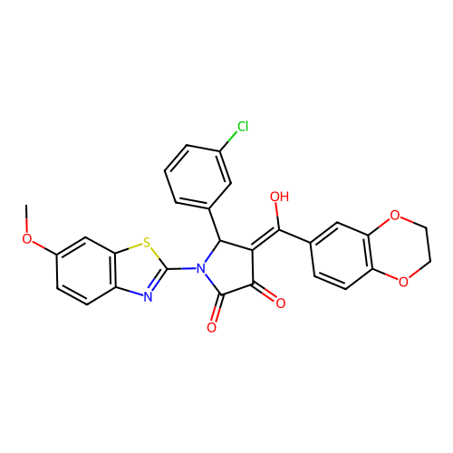 (4E)-5-(3-chlorophenyl)-4-[2,3-dihydro-1,4-benzodioxin-6-yl(hydroxy)methylidene]-1-(6-methoxy-1,3-benzothiazol-2-yl)pyrrolidine-2,3-dione structure