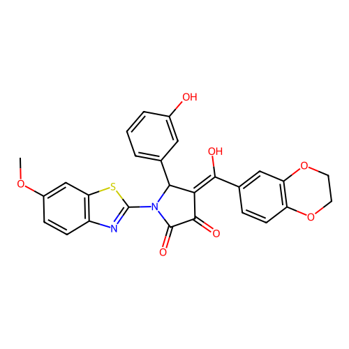 (4E)-4-[2,3-dihydro-1,4-benzodioxin-6-yl(hydroxy)methylidene]-5-(3-hydroxyphenyl)-1-(6-methoxy-1,3-benzothiazol-2-yl)pyrrolidine-2,3-dione structure