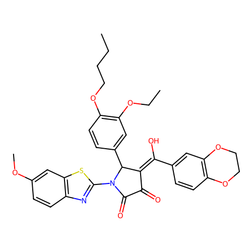 (4E)-5-(4-butoxy-3-ethoxyphenyl)-4-[2,3-dihydro-1,4-benzodioxin-6-yl(hydroxy)methylidene]-1-(6-methoxy-1,3-benzothiazol-2-yl)pyrrolidine-2,3-dione structure