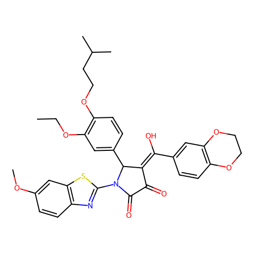 (4E)-4-[2,3-dihydro-1,4-benzodioxin-6-yl(hydroxy)methylidene]-5-[3-ethoxy-4-(3-methylbutoxy)phenyl]-1-(6-methoxy-1,3-benzothiazol-2-yl)pyrrolidine-2,3-dione structure