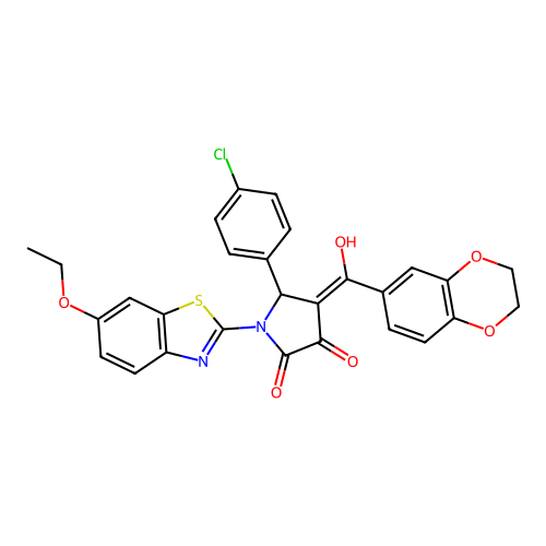 (4E)-5-(4-chlorophenyl)-4-[2,3-dihydro-1,4-benzodioxin-6-yl(hydroxy)methylidene]-1-(6-ethoxy-1,3-benzothiazol-2-yl)pyrrolidine-2,3-dione structure