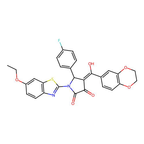 (4E)-4-[2,3-dihydro-1,4-benzodioxin-6-yl(hydroxy)methylidene]-1-(6-ethoxy-1,3-benzothiazol-2-yl)-5-(4-fluorophenyl)pyrrolidine-2,3-dione structure