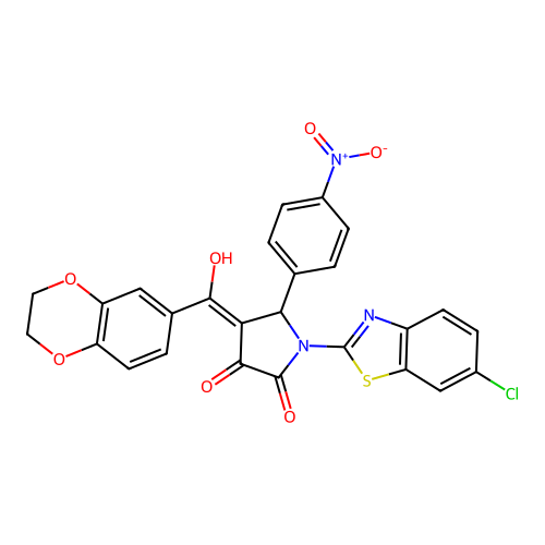 (4E)-1-(6-chloro-1,3-benzothiazol-2-yl)-4-[2,3-dihydro-1,4-benzodioxin-6-yl(hydroxy)methylidene]-5-(4-nitrophenyl)pyrrolidine-2,3-dione structure