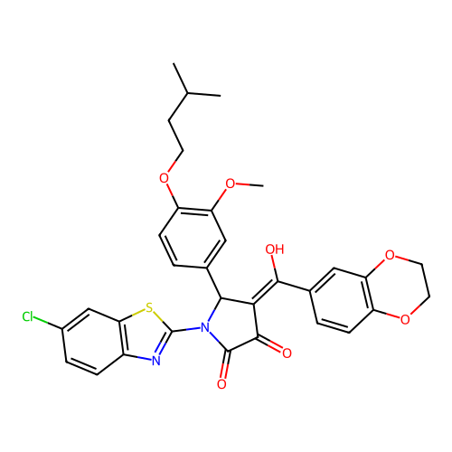 (4E)-1-(6-chloro-1,3-benzothiazol-2-yl)-4-[2,3-dihydro-1,4-benzodioxin-6-yl(hydroxy)methylidene]-5-[3-methoxy-4-(3-methylbutoxy)phenyl]pyrrolidine-2,3-dione structure