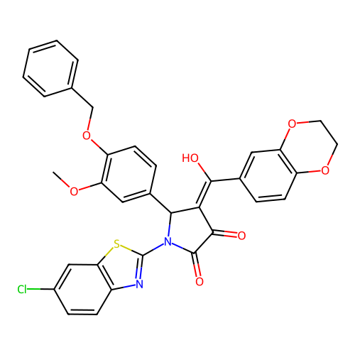 (4E)-1-(6-chloro-1,3-benzothiazol-2-yl)-4-[2,3-dihydro-1,4-benzodioxin-6-yl(hydroxy)methylidene]-5-(3-methoxy-4-phenylmethoxyphenyl)pyrrolidine-2,3-dione structure