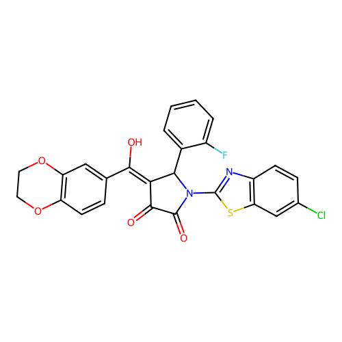 (4E)-1-(6-chloro-1,3-benzothiazol-2-yl)-4-[2,3-dihydro-1,4-benzodioxin-6-yl(hydroxy)methylidene]-5-(2-fluorophenyl)pyrrolidine-2,3-dione structure