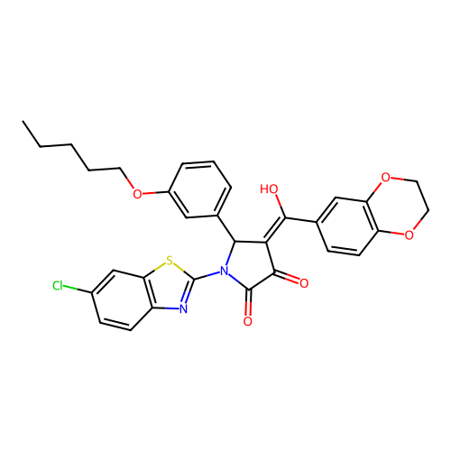 (4E)-1-(6-chloro-1,3-benzothiazol-2-yl)-4-[2,3-dihydro-1,4-benzodioxin-6-yl(hydroxy)methylidene]-5-(3-pentoxyphenyl)pyrrolidine-2,3-dione structure