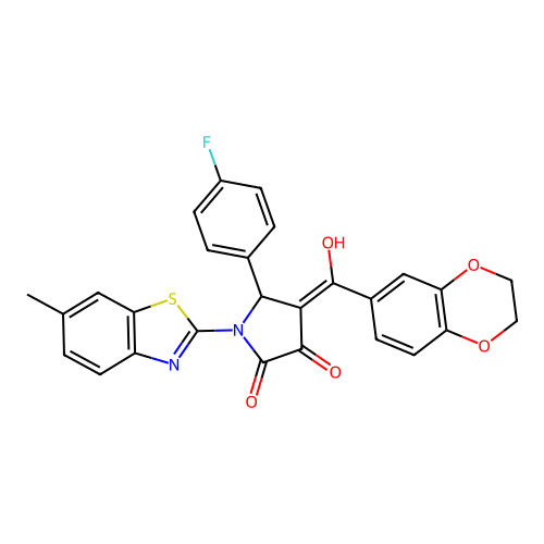 (4E)-4-[2,3-dihydro-1,4-benzodioxin-6-yl(hydroxy)methylidene]-5-(4-fluorophenyl)-1-(6-methyl-1,3-benzothiazol-2-yl)pyrrolidine-2,3-dione structure
