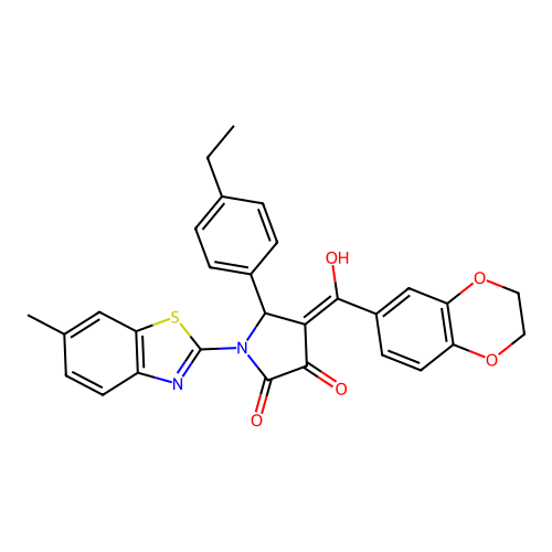 (4E)-4-[2,3-dihydro-1,4-benzodioxin-6-yl(hydroxy)methylidene]-5-(4-ethylphenyl)-1-(6-methyl-1,3-benzothiazol-2-yl)pyrrolidine-2,3-dione structure