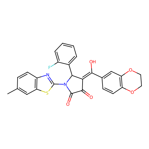 (4E)-4-[2,3-dihydro-1,4-benzodioxin-6-yl(hydroxy)methylidene]-5-(2-fluorophenyl)-1-(6-methyl-1,3-benzothiazol-2-yl)pyrrolidine-2,3-dione structure