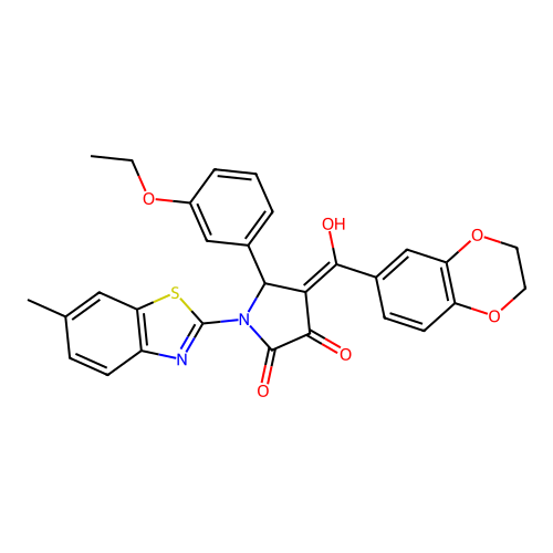 (4E)-4-[2,3-dihydro-1,4-benzodioxin-6-yl(hydroxy)methylidene]-5-(3-ethoxyphenyl)-1-(6-methyl-1,3-benzothiazol-2-yl)pyrrolidine-2,3-dione structure
