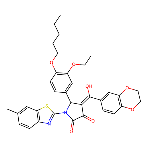 (4E)-4-[2,3-dihydro-1,4-benzodioxin-6-yl(hydroxy)methylidene]-5-(3-ethoxy-4-pentoxyphenyl)-1-(6-methyl-1,3-benzothiazol-2-yl)pyrrolidine-2,3-dione structure